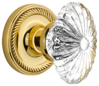 Single Rope Rosette With Oval Fluted Crystal Knob, Polished Brass