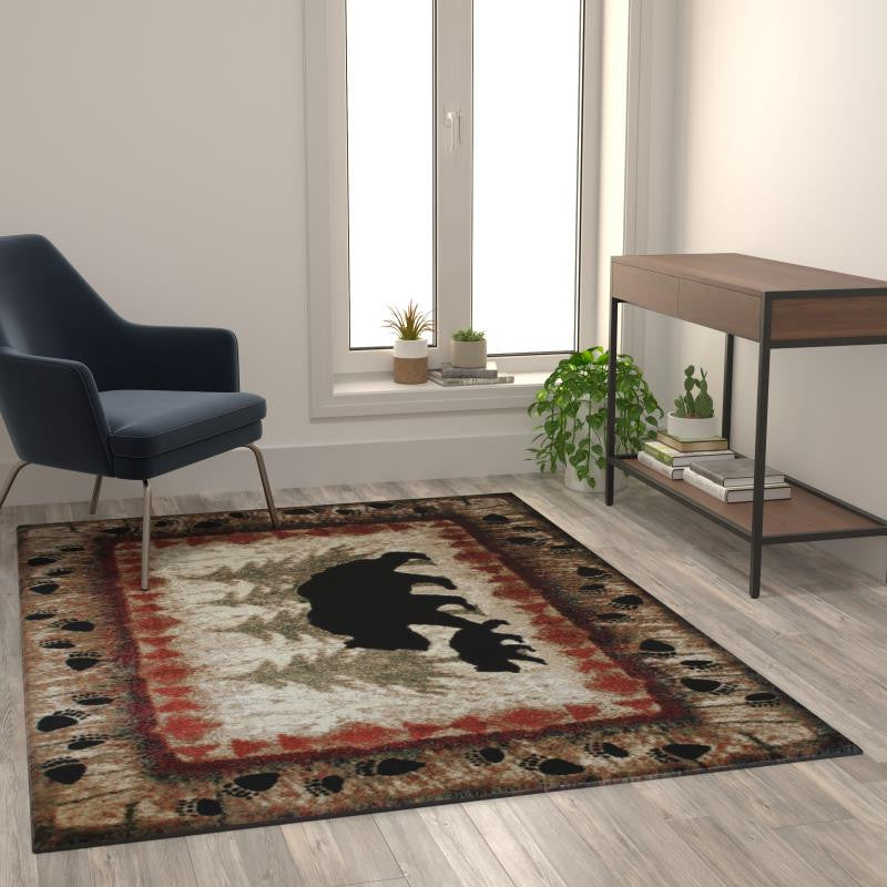 Ursus Collection Rustic Lodge Black Bear and Cub Area Rug with Jute Backing, Brown, 5' X 7'
