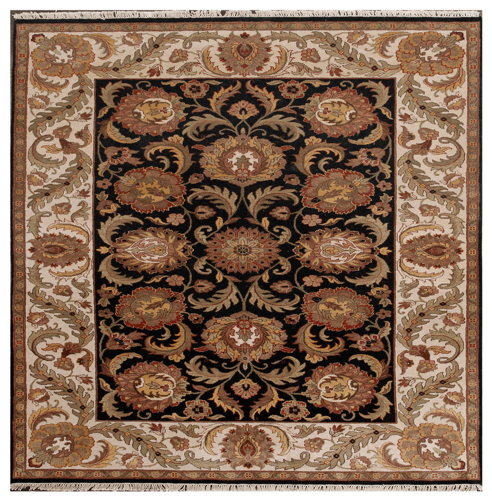 Agra AG-01 Traditional Floral Black Hand Knotted Wool Rug 6'x9'