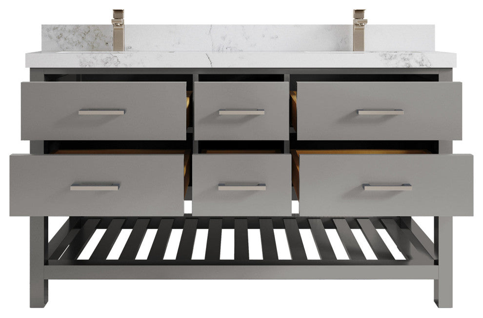 Parker 60 Double Sink Bathroom Vanity in Elephant Skin Gray  2" Calacatta Nuvo