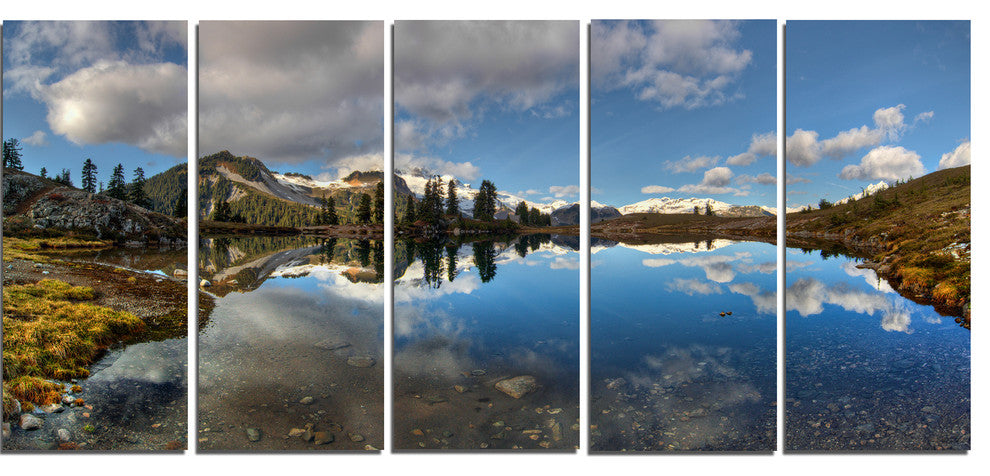 Clear Lake with Pine Trees Panorama, Landscape Canvas Print, 60"x28", 5 Panels