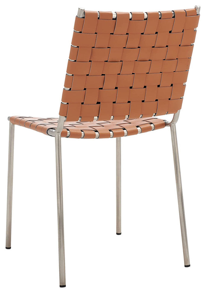 Set of 2 Armless Dining Chair, Metal Base With Woven Leather Upholstered Seat