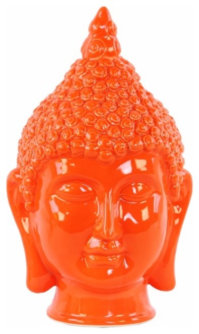 Ceramic Buddha Head Figurine with Pointed Ushnisha, Glossy Orange