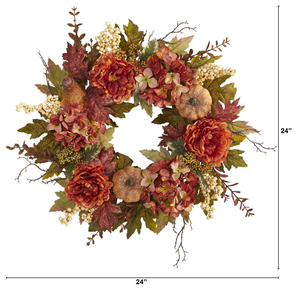 Nearly Natural 24ï¿½ Peony, Hydrangea and Pumpkin Fall Artificial Wreath