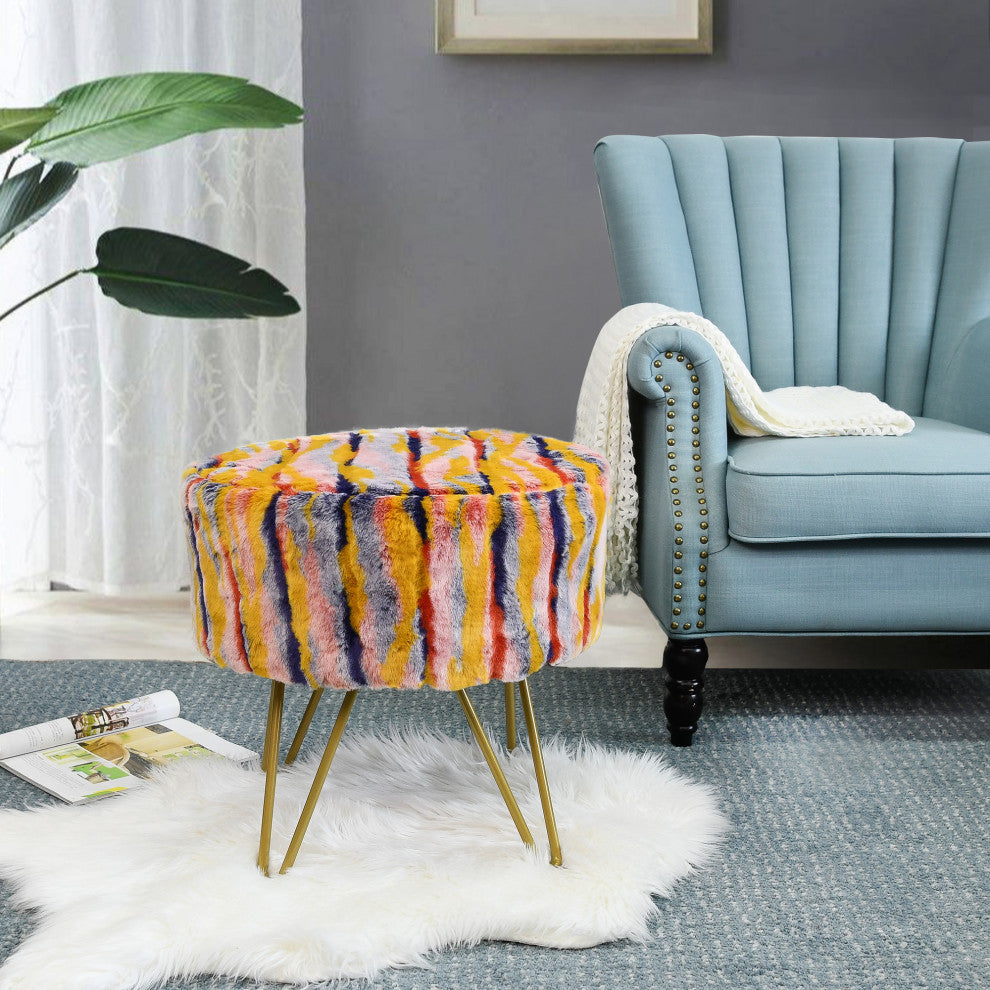 Multi Jacquard Faux Fur Round Ottoman, Orange, 18"x18"x8"