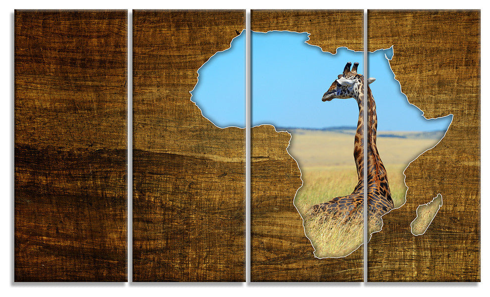 Africa Wildlife Map Design, Abstract Canvas Artwork, 48"x28", 4 Panels