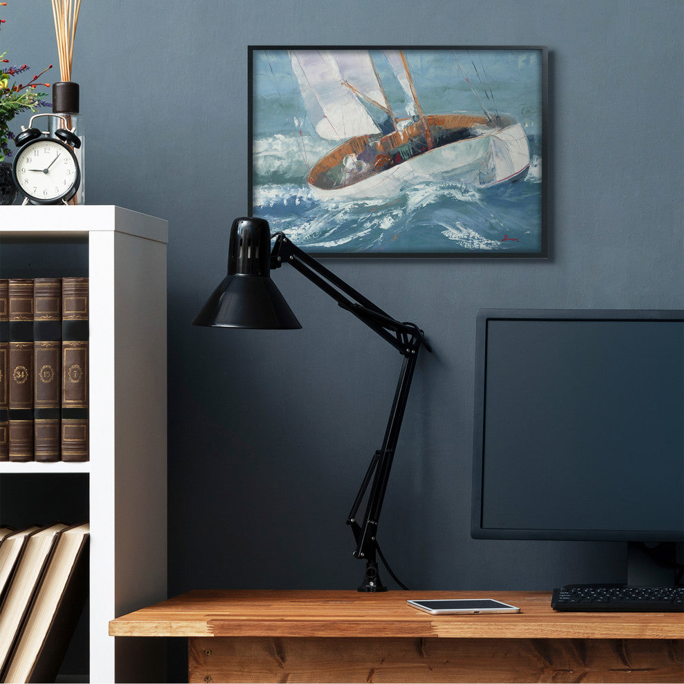 Sailboat Sea Slopes Ocean Blue Brown Beach Painting, 24"x30", Black Frame