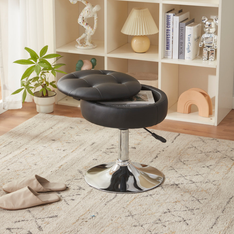 Storage Swivel PU Leather Vanity Stool, Black With Removeable Tray