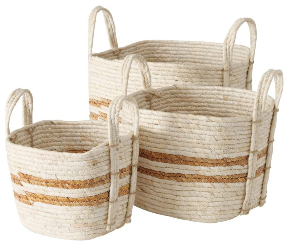 3 Piece Stripes Wicker Basket Set