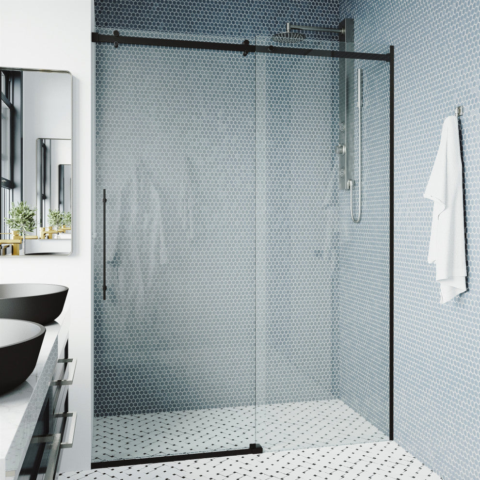 VIGO Luca 56" to 60" W x 79" H Frameless Sliding Shower Door, Matte Black, Clear Glass