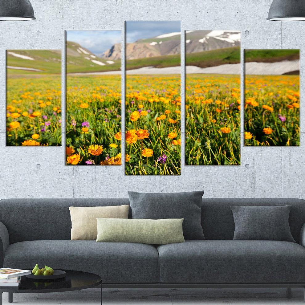 Mountain Plain with Wild Yellow Flowers, Floral Canvas Print, 60"x32", 5 Panels