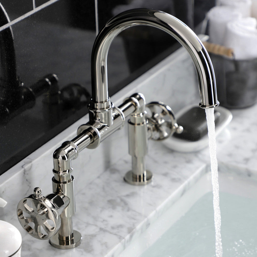 Belknap Style Wheel Handle Bridge Bathroom Faucet With Drain, Polished Nickel