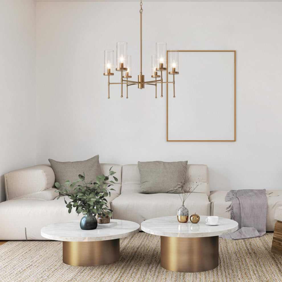 LNC 6-Light Modern Candle-Style Glass-Cylinder Chandelier, Brass