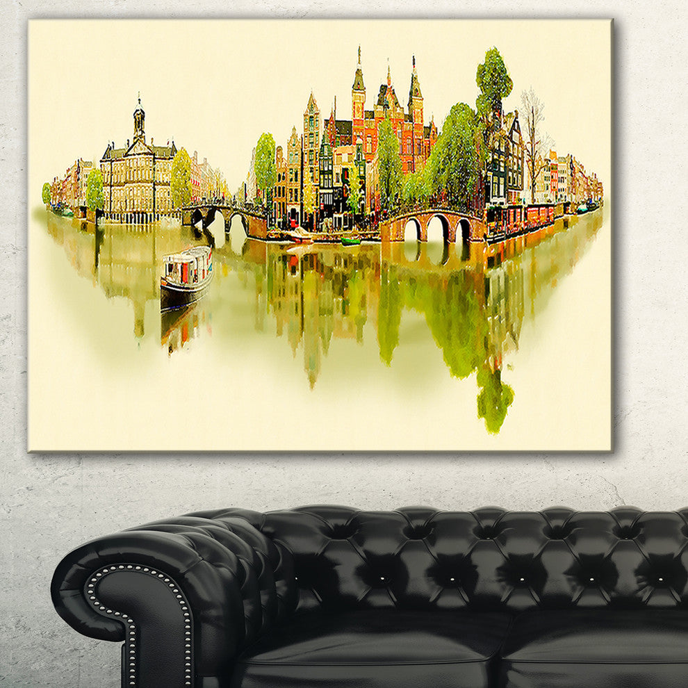 "Amsterdam Panoramic View" Cityscape Watercolor Canvas Print, 40"x30"