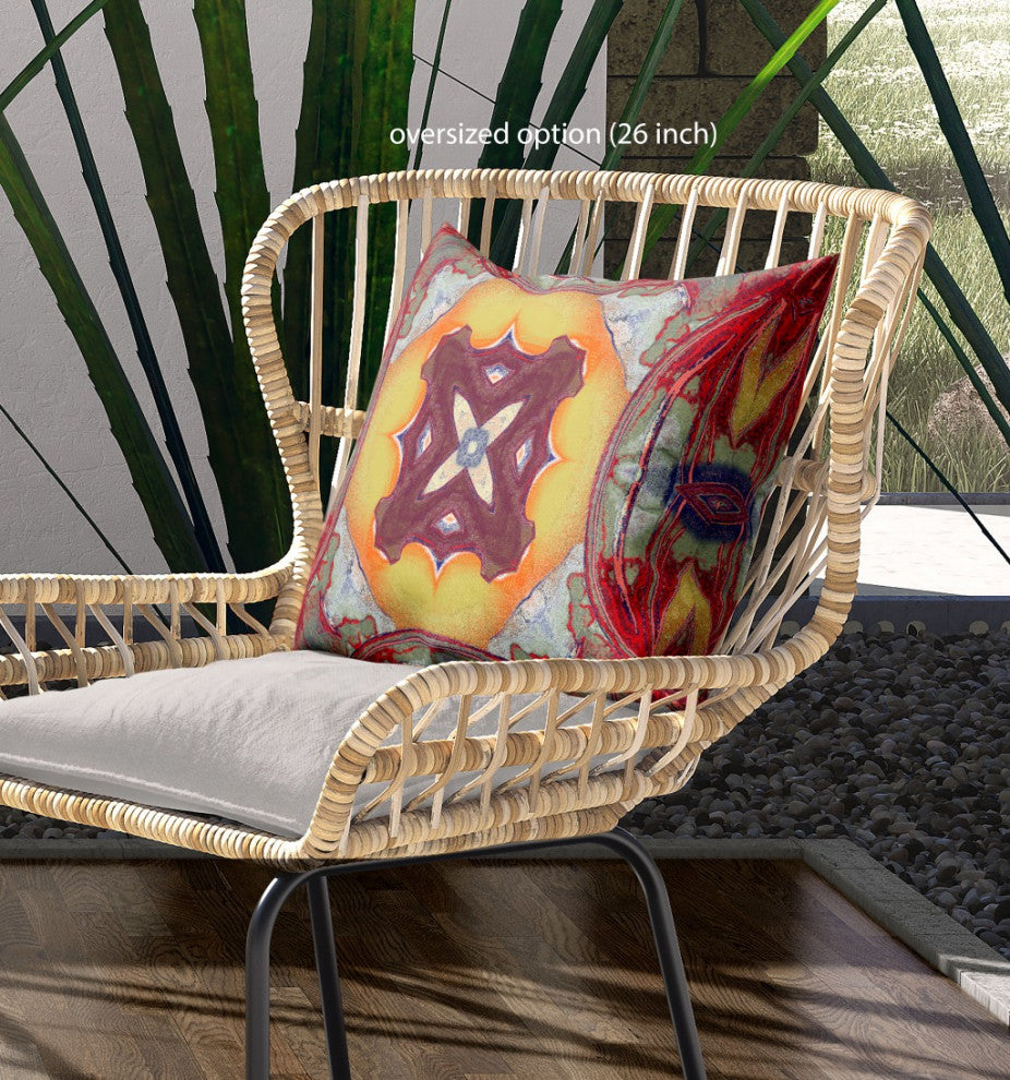 18" Red Yellow Geo Tribal Indoor Outdoor Throw Pillow