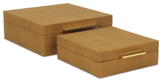Lusan Square Decorative Box Set, Camel Brown Faux Shagreen