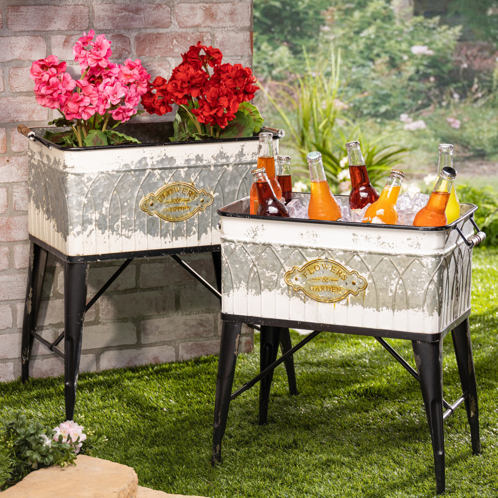 Set of 2, Assorted Metal Planters, Stand