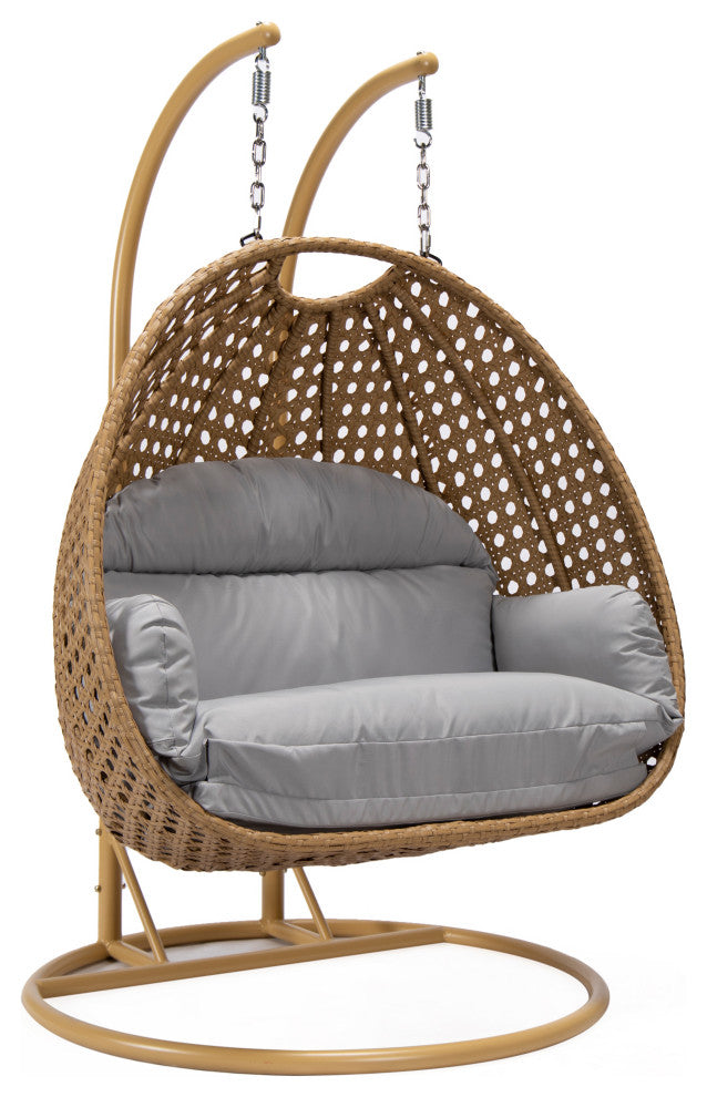 LeisureMod Mendoza Light Brown Wicker Hanging Double Egg Swing Chair, Light Gray