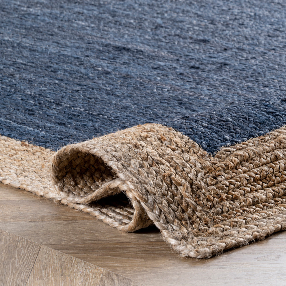 Jute Simple Border Area Rug, Blue, 6'' Round