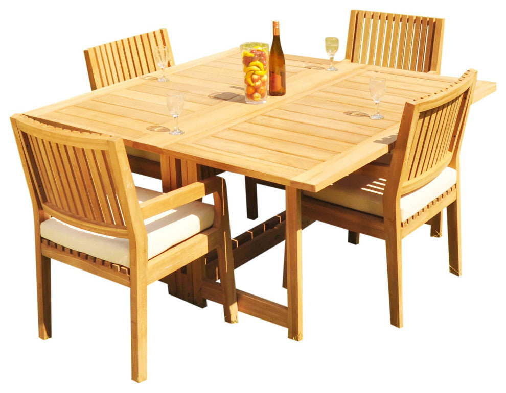 5-Piece Outdoor Teak Dining Set: 60" Square Butterfly Table, 4 Maldive Arm Chair