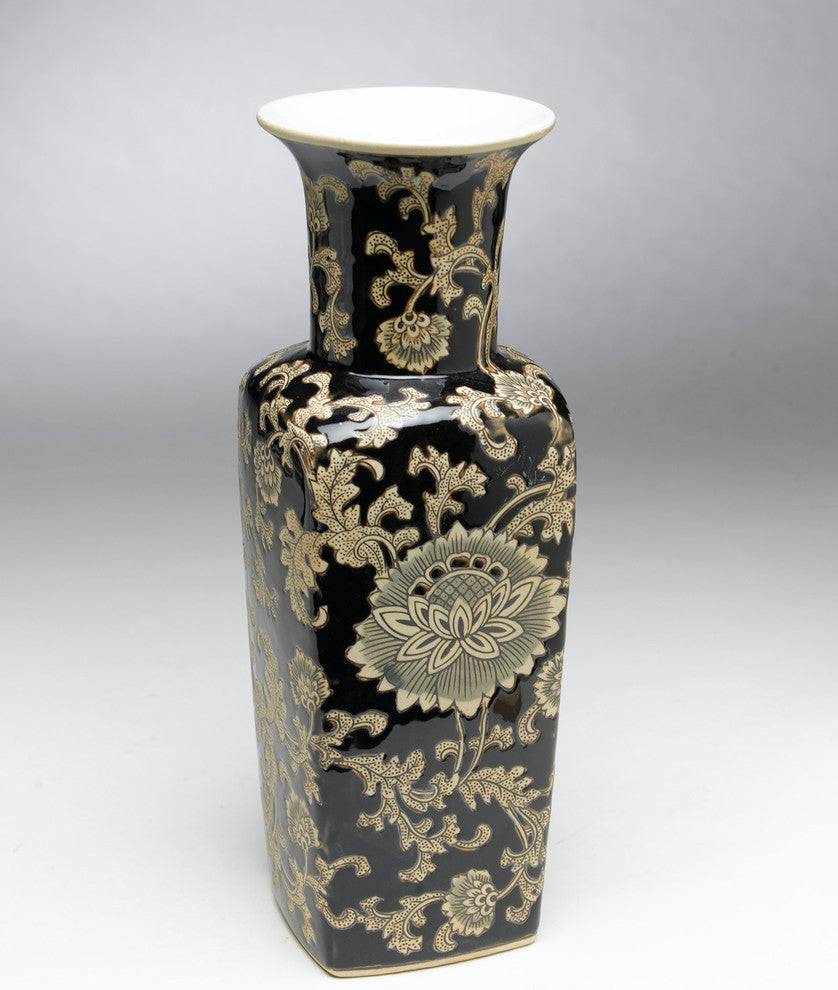 17" Black and Cream Floral Square Vase