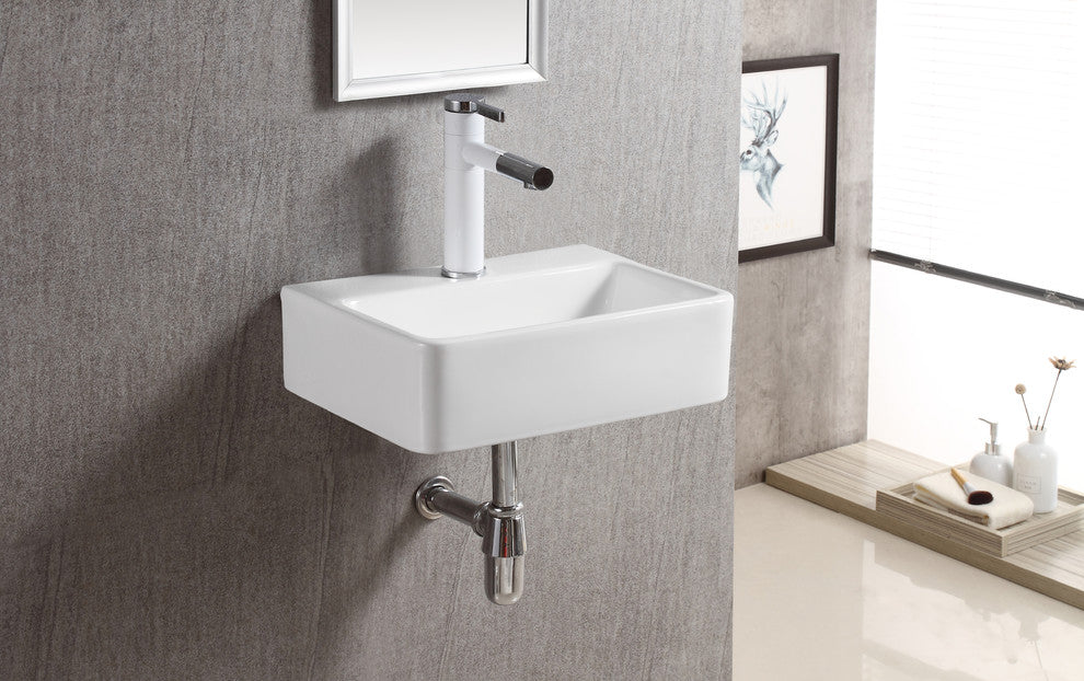 ELANTI EC1808 Porcelain Rectangular Basin Wall-Mounted Sink, White