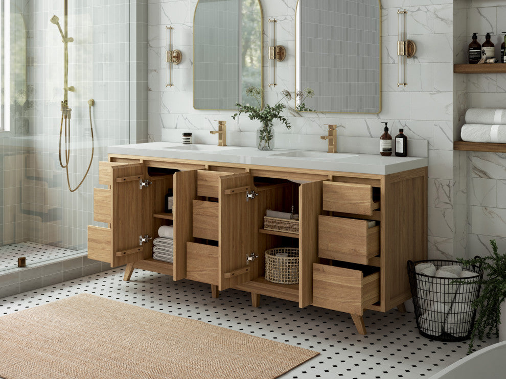 Madison Teak 84 Double Sink Bath Vanity in Light Natural 2" White Quartz