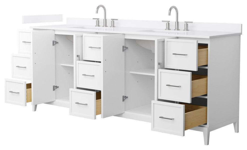 Elan 84" Double Vanity, White, White Quartz Top, 3-Hole, Nickel Trim