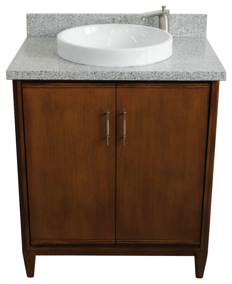 31" Single Sink Vanity, Walnut Finish, Gray Granite With Round Sink