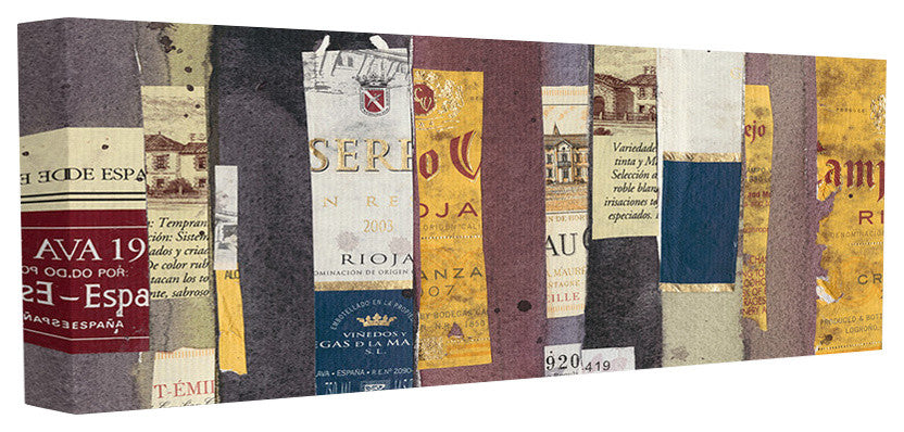 Elegant and Textural Wine Bottle Labels Collage Stretched Canvas, 10"x24"