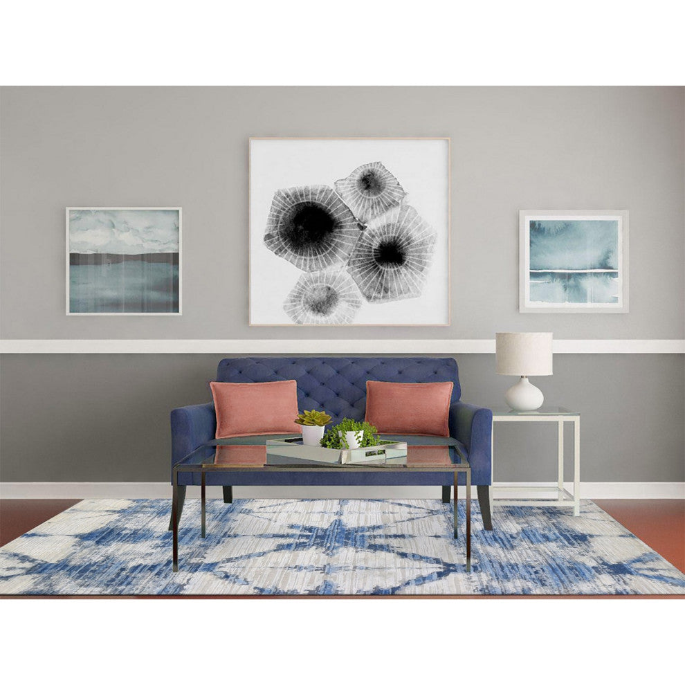 Blue and White Modern Hand Knotted Pure Silk and Textured Wool Rug, 6'1" x 9'1"