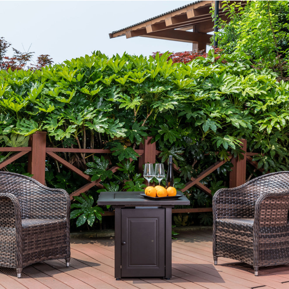 Outdoor Propane Fire Pit Dining Table With Lid, Lava Stone, 28" Square, 50000BTU