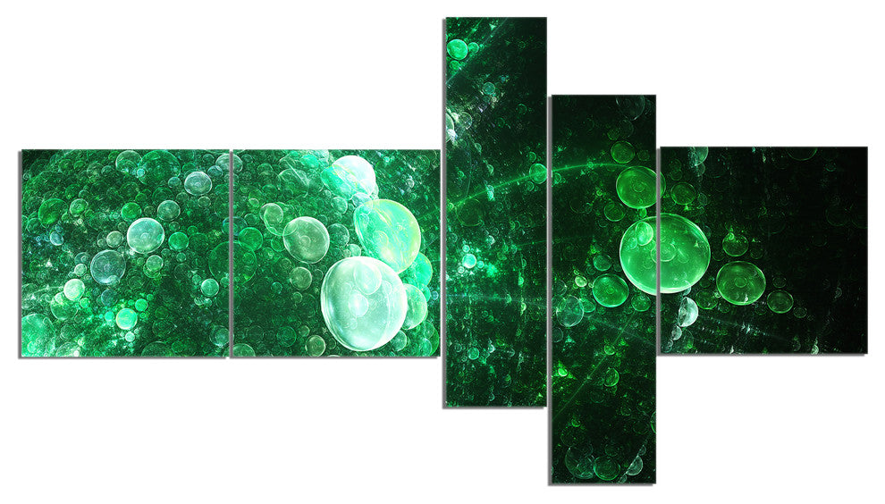 Green Spherical Water Droplets, Floral Canvas Art Print, 60"x32", 5 panels