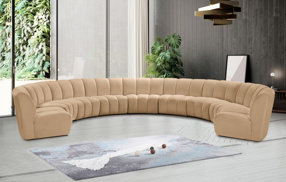 Infinity Channel Tufted Velvet Modular Chair, Camel, 9 Piece