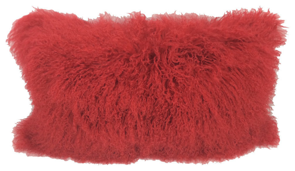 17" Red Genuine Tibetan Lamb Fur Pillow With Microsuede Backing