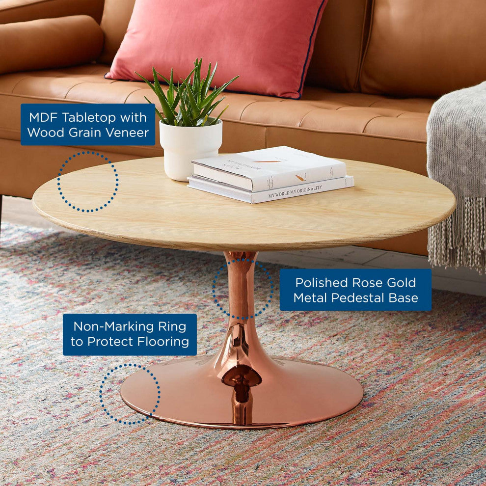 Coffee Table, Round, Wood, Metal, Rose Gold Brown Natural, Modern, Lounge