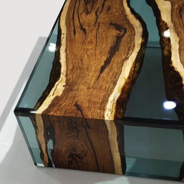 Smoked Aqua Green Waterfall Coffee Table, 27.6"