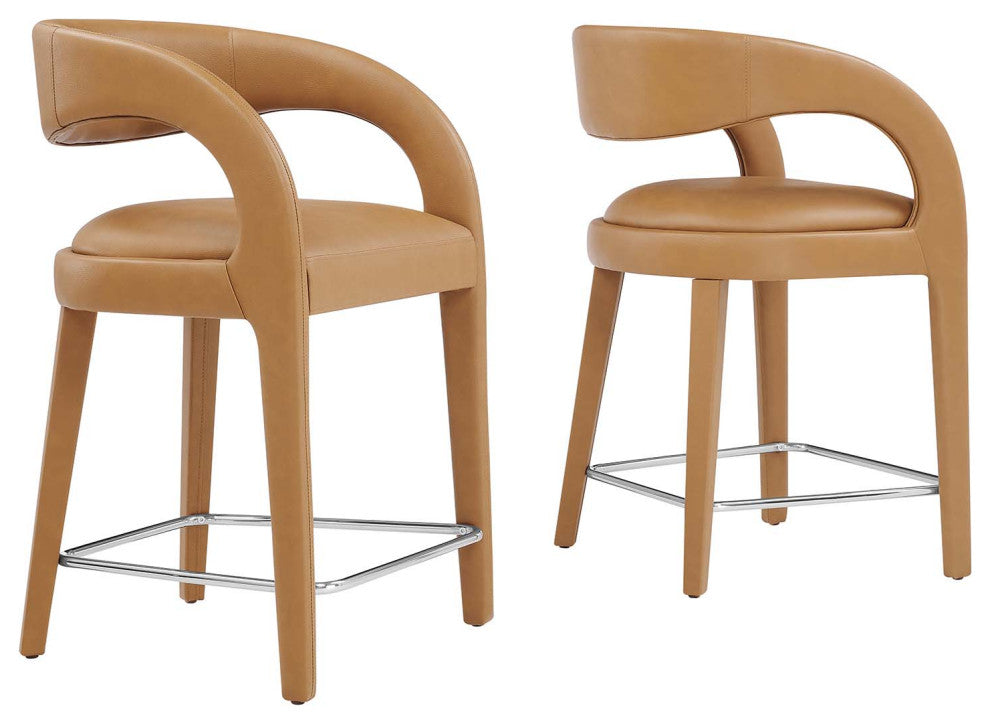 Pinnacle Vegan Leather Counter Stool Set of 2, Tan Silver