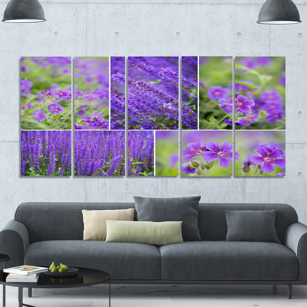 Blue Spring Flowers Collage, Floral Canvas Art Print, 60"x28", 5 Panels