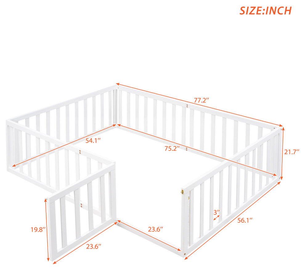 TATEUS Stylish and Versatile Floor Bed for Kids"™Bedroom Fences, White, Full