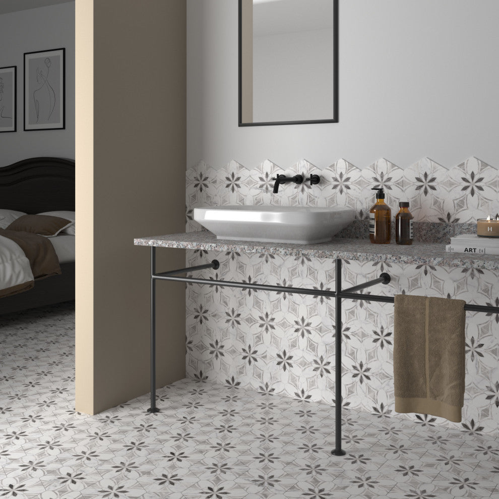 Classico Bardiglio Hex Dahlia Porcelain Floor and Wall Tile Sample, White