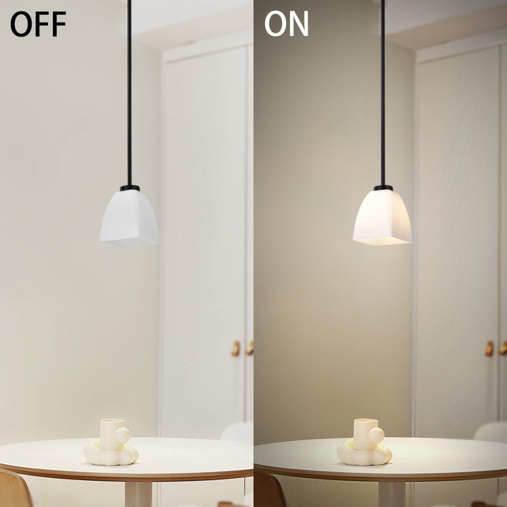 1-Light Matte Black Mini Pendant With Pyramid Shaped Etched White Glass Shade