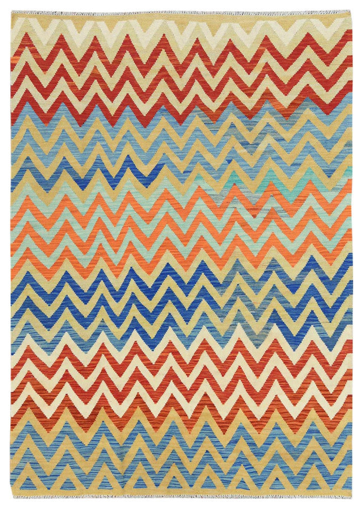 Colorful, Afghan Kilim Flat Weave, Organic Wool Hand Woven Rug, 6'6"x9'3"