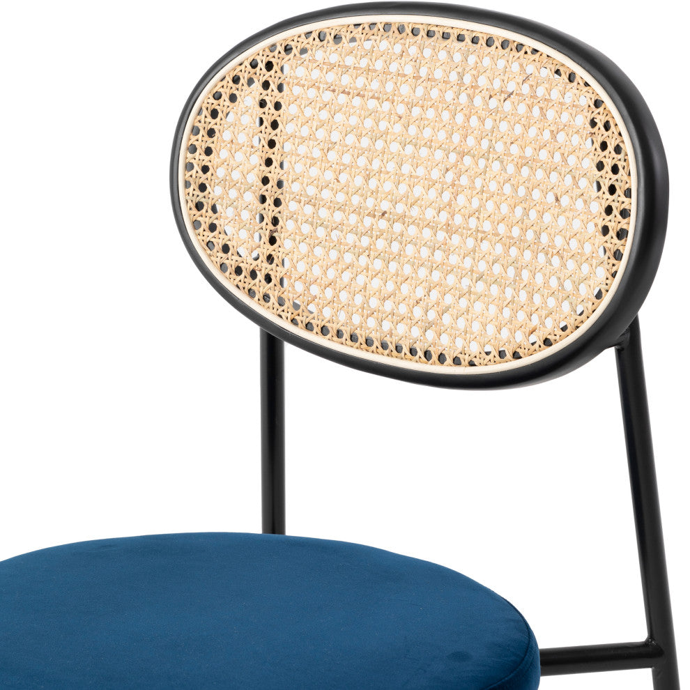 LeisureMod Euston Dining Chair with Wicker Back & Velvet Seat Set of 2, Navy Blue