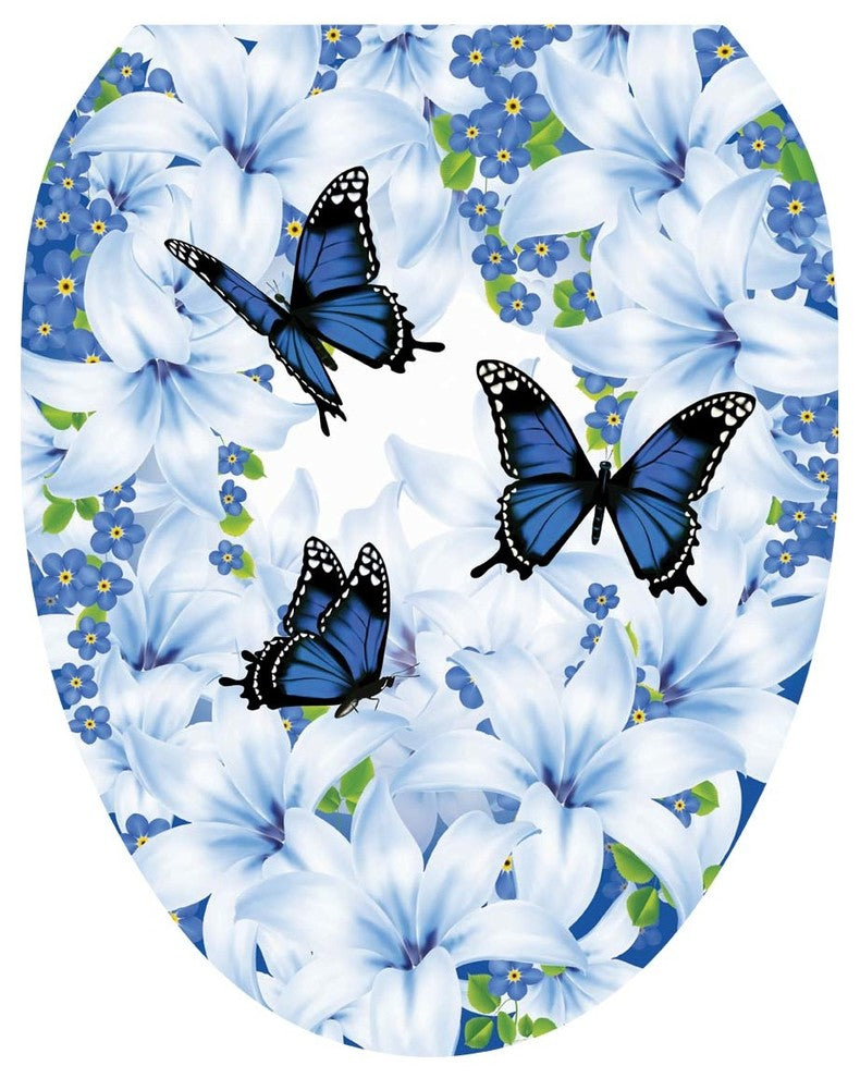 Lily Blue Toilet Tattoos Seat Cover, Vinyl Lid Decal, Floral Bathroom Decor, Elongated
