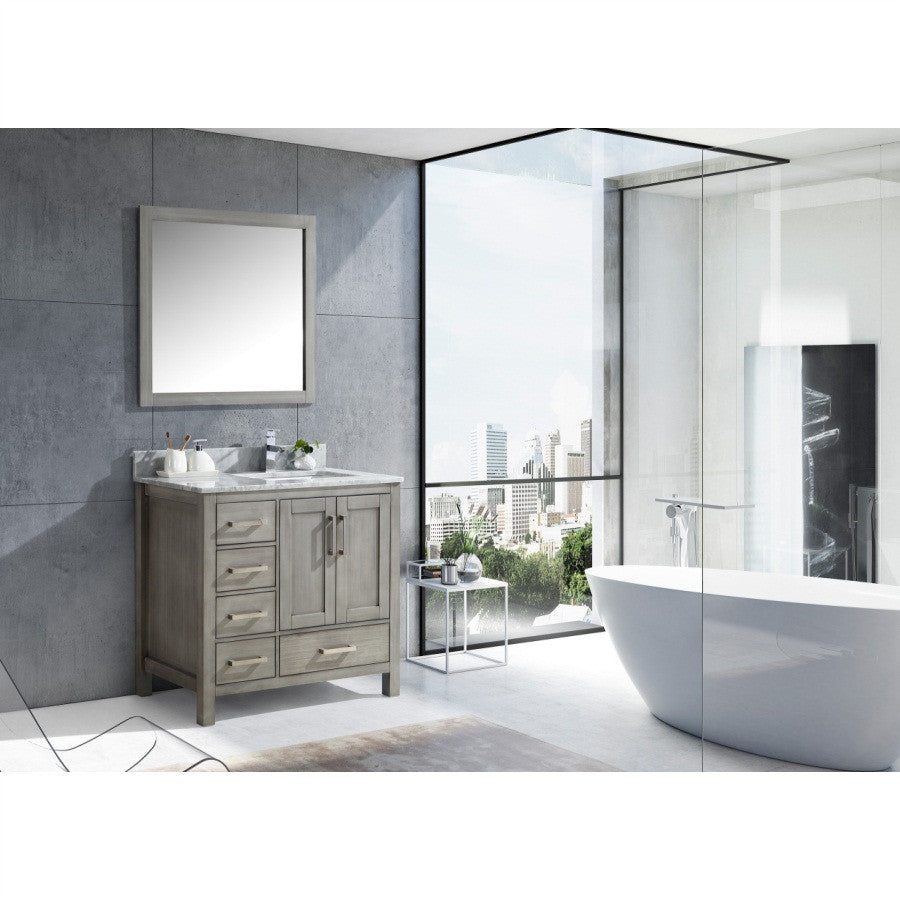 36" Distressed Grey Single Vanity,Marble Top,Sink & 34" Mirror - Right Version