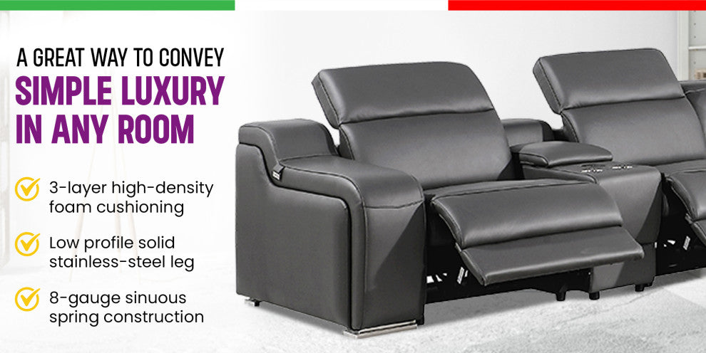 Marco-7-Piece, 4-Power Reclining Italian Leather Sectional, Dark Gray