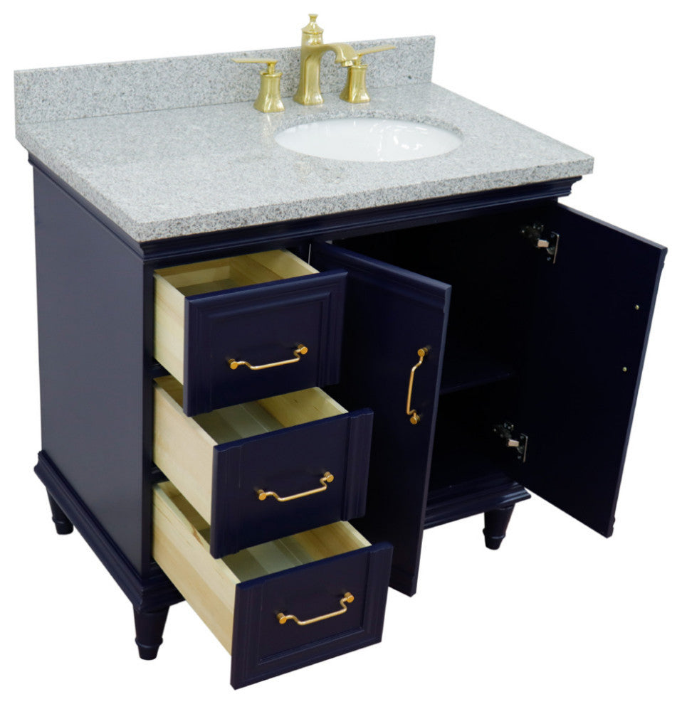 37" Single Vanity, Blue Finish With Gray Granite