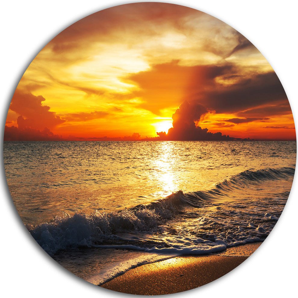 Colorful Dramatic Sunset Over Waves, Beach Disc Metal Wall Art, 11"