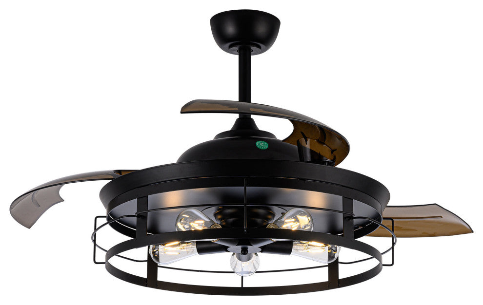 52 in Modern Black Industrial Retractable Ceiling Fan with Light Kit and Remote